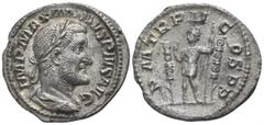 Maximinus Thrax AD 235-238. Rome Denar AR 16mm., 2,22g. IMP MAXIMINVS PIVS AVG; laureate, draped and cuirassed bust right / P M TR P II COS P P; Maximinus in military dress, standing left between two 