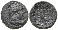 Lydia. Sardeis 200-100 BC. Bronze Æ 18mm., 7,63g. Laureate head of Herakles right within dotted border / Apollo standing left, holding bird and olive branch; [...]Ω-ΣΕΙΟΣ to left, ΣΑΡΔΙΑΝΩΝ to right. 