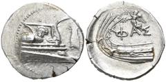 Lycia. Phaselis 400-300 BC. Stater AR 24mm., 10,36g. Prow of galley right, fighting platform decorated with facing gorgoneion; [to right, cicada upward] / ΦΑΣ, stern of galley left; above, Nike flying