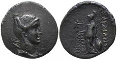 Lydia. Sardeis. ΑΛΚΑΙΟΣ ΑΛΚΑΙΟΥ, magistrate circa 200-100 BC. Tetrachalkon Æ 25mm., 8,10g. Diademed and draped bust of Artemis right; bow and quiver over shoulder / ΣΑΡΔΙΑΝΩ[Ν], ΑΛΚΑΙΟΣ ΑΛΚΑΙΟΥ magist