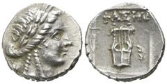 Lycia. Phaselis. Lycian League 167-81 BC. Drachm AR 14mm., 2,63g. Laureate head of Apollo right; bow and quiver over shoulder / ΦΑΣΗΛI, kithara, branch to right; all within incuse square. very fine Tr