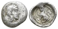 Lycia. Tlos. Uncertain Dynast circa 400 BC. Hemiobol AR 7mm., 0,23g. Head of Athena facing to right, wearing a crested Attic helmet decorated with a volute and olive-leaves / F-A, panther sitting left
