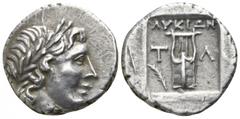 Lycia. Tlos. Lycian League circa 167-100 BC. Drachm AR 15mm., 2,60g. Laureate head of Apollo right / T-Λ, kithara, branch to left, all within incuse square. good very fine Troxell 12.4; Klein 615.