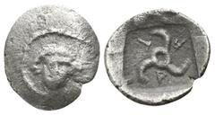 Dynasts of Lycia. Uncertain mint. Trbbänimi 400-370 BC. Hemiobol AR 9mm., 0,29g. Head of Artemis facing, within dotted border / T-P-B, triskeles; all within incuse square. very fine SNG von Aulock -; 