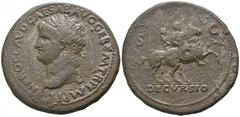 Nero AD 54-68. Lugdunum Sestertius Æ 35mm., 25,22g. NERO CLAVD CAESAR AVG GER P M TR P IMP P P; laureate head of Nero to left, with globe at point of bust / DECVRSIO; Nero, bare-headed and in military