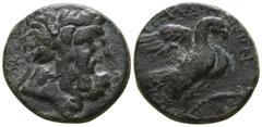 Greek Lydia. Tralleis circa 200-50 BC. Bronze Æ 17mm., 4,25g. Laureate head of Zeus right / ΤΡΑΛΛΙΑΝΩΝ; eagle standing right on thunderbolt; in right field, palm branch. very fine SNG Copenhagen 675.