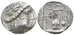 Greek Lycia. Olympos. Lycian League circa 167-100 BC. Hemidrachm AR 15mm., 2,27g. Laureate head of Apollo right, (with bow and quiver over shoulder?) / ΟΛΥΜΠ; kithara; torch to lower left, sword behin