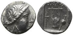 Greek Lycia. Olympos. Lycian League circa 167-100 BC. Drachm AR 13mm., 2,52g. Laureate head of Apollo right, with bow and quiver over shoulder / ΟΛΥΜ; Kithara; torch to lower left, sword behind shield