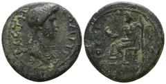 Roman Provincial Roman Provincial Lydia. Gordos-Iulia . Domitia AD 82-96. Bronze Æ 17mm., 3,65g. ΔOMITI[A] CE-BACTH; draped bust right / IOY[ΛIEΩN] ΓOΡ[ΔH]; Zeus seated left, holding eagle in right ha