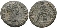Roman Provincial Lydia. Maionia . Pseudo-autonomous issue circa AD 138-161. Bronze Æ 24mm., 8,15g. ZEYC OΛYMΠIOC; bearded head of Zeus right / EΠI ΑΙΛ Ν MAIONΩN; Roma seated left on shield and cuirass