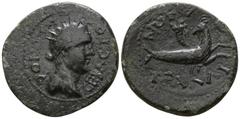 Roman Provincial Lydia. Tralleis. Pseudo-autonomous issue circa AD 81-161. Bronze Æ 20mm., 6,77g. [HΛ]IOC CEBACTO[C]; radiate head of Helios right / TΡAΛΛI-ANΩN; capricorn leaping right, head reverted