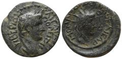 Roman Provincial Lydia. Tripolis. Tiberius AD 14-37. Menandros Metrodoros Philokaisar, magistrate.. Bronze Æ 20mm., 5,15g. TIBEPION KAICAPA [TPI]-ΠΟΛΕΙΤAI; laureate head right / MENANΔPOC ΦIΛOKAICAP, 