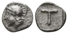 Greek Arkadia. Tegea circa 423-400 BC. Tetartemorion AR 5mm., 0,27g. Helmeted head of Athena left / T within incuse square. very fine BCD Peloponnesos 1721; HGC 5, 1054.