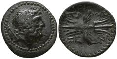 Greek Lycia. Termessos Minor circa 100-0 BC. Bronze Æ 21mm., 4,97g. Laureate head of Zeus right, scepter with taenia behind, within dotted circle / ΤΕΡ-ΜΗΣ-ΣΕ-ΩΝ; winged thunderbolt within dotted circ