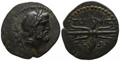 Greek Lycia. Termessos Minor circa 100-0 BC. Bronze Æ 20mm., 4,73g. Laureate head of Zeus right, scepter with taenia behind, within dotted circle / ΤΕΡ-ΜΗΣ-ΣΕ-ΩΝ; winged thunderbolt within dotted circ