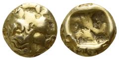 Greek Kings of Lydia. Sardeis. Alyattes - Kroisos 610-546 BC. Hemihekte EL 6mm., 1,12g. Head of roaring lion right, with star or sun on forehead / Incuse square punch. nearly very fine, bankers' marks