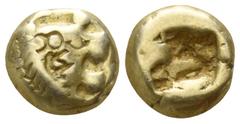Greek Kings of Lydia. Sardeis. Alyattes - Kroisos 610-546 BC. Hemihekte EL 6mm., 1,05g. Head of roaring lion right, sun on forehead / Incuse square punch. nearly very fine, bankers' marks on both side