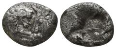 Greek Kings of Lydia. Sardeis. Kroisos 564-539 BC. Hemihekte AR 8mm., 0,80g. Confronted foreparts of lion and bull / Incuse square punch. nearly very fine SNG Kayhan 1020.