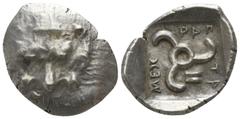 Greek Dynasts of Lycia. . Mithrapata 390-370 BC. 1/6 Stater AR 14mm., 1,39g. Facing lion's scalp / ΜΕX-ΡΑΠ-ΤΑ (in Lycian); triskeles, astragalos to lower right; all within incuse square. good very fin