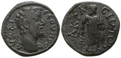 Roman Provincial Lydia. Akrasos . Septimius Severus AD 193-211. Bronze Æ 18mm., 3,60g. AV KAI CEOVHPO; laureate head right / AKPA-CIΩTΩN (both Ω upturned); Asklepios with serpent staff in right hand s