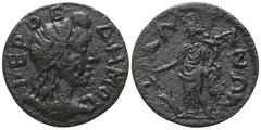 Roman Provincial Lydia. Tralleis. Pseudo-autonomous issue circa AD 200-300. Bronze Æ 20mm., 4,61g. IEPOC ΔHMOC; diademed and draped bust of youthful Demos right / [ΤΡ]ΑΛΛ-ΙΑΝΩΝ; Tyche in long robe sta