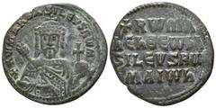 Byzantine Constantine VII Porphyrogenitus, with Romanus I and Christopher. AD 913-959. Byzantine Follis Æ 81mm., g. RωmAn bASILEVS Rωm Faced bust of Romanus I with beard, wearing crown and chlamys, ho