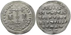 Byzantine Basil II Bulgaroktonos, with Constantine VIII AD 976-1025. Constantinople Miliaresion AR 24mm., 2,63g. Cross crosslet, with saltire cross at center; all set upon globus above four steps; to 