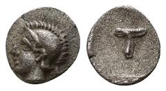 Greek Arkadia. Tegea circa 423-400 BC. Tetartemorion AR 5mm., 0,22g. Helmeted head of Athena left. / Large T within shallow incuse square. good very fine BCD Peloponnesos 1721.