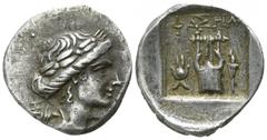 Greek Lycia. Phaselis. Lycian League 100-80 BC. Drachm AR 15mm., 2,20g. Laureate head of Apollo right, with bow and quiver over shoulder / ΦAΣHΛ, lyre; Isis crown to left, torch to right. good very fi