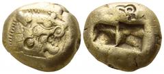 Greek Kings of Lydia. Sardeis. Alyattes - Kroisos 610-546 BC. Trite EL 12mm., 4,65g. Lion’s head right, jaws open, with radiate globule on forehead, inscription above, bankers’ marks on head / Two inc