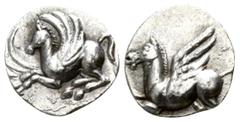 Greek Corinthia. Corinth circa 375-300 BC. Obol AR 7mm., 0,38g. Pegasos with curled wing striding left / Pegasos with straight wing flying left. very fine BCD Corinth 196 var. (Corinth, diobol); SNG C