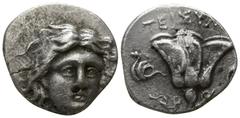 Greek Islands off Caria. Rhodos. ΤΕΙΣΥΛΟΣ (Teisylos), magistrate circa 205-190 BC. Drachm AR 14mm., 2,56g. Head of Helios facing slightly right / ΤΕΙΣΥΛ[ΟΣ] above and P-O flanking, rose wtih bud to ri