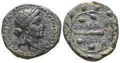 Greek Lydia. Sardeis circa 200-50 BC. Bronze Æ 17mm., 3,46g. Laureate head of Apollo right within dotted border / ΣΑΡΔΙΑ-ΝΩΝ around club within oak-wreath; monogram to right. very fine SNG Copenhagen 