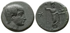 Greek Lydia. Uncertain mint. Gamerses, Satrap of Lydia circa 380-360 BC. Bronze Æ 11mm., 1,49g. Youthful bare head right, wearing long hair braid, earring, and necklace / [ΓΑΜΕΡΣΟΥ]; Zeus standing rig