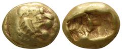 Greek Kings of Lydia. Sardeis. Alyattes - Kroisos circa 610-546 BC. Hekte EL 8mm., 2,36g. Head of roaring lion right, sun on forehead / Bipartite incuse squares of unequal size. nearly very fine Weida