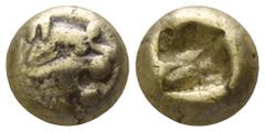 Greek Kings of Lydia. Sardeis. Alyattes 610-560 BC. Hemihekte EL 6mm., 1,16g. Head of roaring lion right, sun on forehead / Incuse square punch. nearly very fine Weidauer group XVI, 90; Traité I 47; S