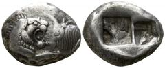 Greek Kings of Lydia. Sardeis. Kroisos 564-539 BC. Siglos or Half Stater AR 16mm., 5,30g. Confronted foreparts of lion right, with extended right foreleg, and bull left / Bipartite incuse squares of u