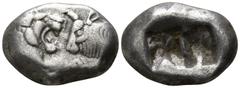 Greek Kings of Lydia. Sardeis. Time of Cyrus to Darios I 550-520 BC. Siglos or Half Stater AR 16mm., 5,23g. Confronted foreparts of lion right, with extended right foreleg, and bull left / Bipartite i