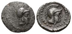 Greek Dynasts of Lycia. Uncertain mint. Uncertain Dynast circa 420-400 BC. Obol AR 8mm., 0,53g. Helmeted head of Athena right, within pelleted circular border / Helmeted head of Athena right; all with