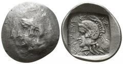 Greek Dynasts of Lycia. Uncertain mint. Khäriga (Karikas) circa 410 BC. Triobol AR 16mm., 2,43g. Helmeted head of Athena left / ↓↑ΡΕYA right, ↓ below, K retrogade and Lycian letter left; helmeted head