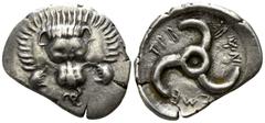 Greek Dynasts of Lycia. Uncertain mint. Trbbänimi circa 400-370 BC. 1/3 Stater AR 19mm., 3,11g. Facing lion's scalp; small triskeles below / ΤΡΒ-ΒWΝ-ΕΜΕ; triskeles. very fine Mørkhom & Olçay, "The Coi