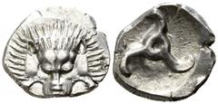 Greek Dynasts of Lycia. Uncertain mint. Perikles 380-360 BC. 1/3 Stater AR 16mm., 2,74g. Lion scalp facing / Π↑Ρ-[ΕΚ]-Λ↑; triskeles within incuse circle. very fine Falghera 217; SNG von Aulock 4255.