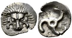 Greek Dynasts of Lycia. Uncertain mint. Perikles 380-360 BC. 1/3 Stater AR 17mm., 2,74g. Lion scalp facing / Π↑Ρ-[Ε]Κ[Λ]-↑; triskeles within incuse circle. good very fine Falghera 217; SNG von Aulock 