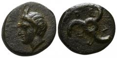 Greek Dynasts of Lycia. Uncertain mint. Perikles circa 380-360 BC. Bronze Æ 12mm., 2,21g. Horned head of Pan left / Π↑-ΡΕ-ΚΛ clockwise; triskeles. very fine SNG von Aulock 4257-8.