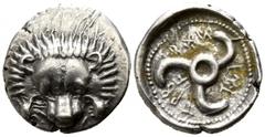 Greek Dynasts of Lycia. Wedrei. Trbbänimi 400-370 BC. 1/3 Stater AR 16mm., 3,13g. Lion scalp facing / ΤΡΒ-ΒWΝ-ΕΜΕ, F (beside first B of legend); triskeles, within dotted circle; all within incuse circ