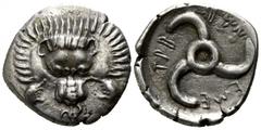 Greek Dynasts of Lycia. Wedrei. Trbbänimi 400-370 BC. 1/3 Stater AR 17mm., 3,12g. Lion scalp facing, small triskeles below / ΤΡΒ-ΒWΝ-ΕΜΕ; triskeles within incuse circle. good very fine CNG, E-Auction 