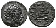 Roman Provincial Lydia. Akrasos. Semi-autonomous issue circa AD 193-211. Bronze Æ 12mm., 2,33g. Bearded head of Herakles right / AKΡA-CIΩTΩN; coiled serpent with raised head. very fine Mionnet Supp. V