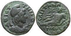 Roman Provincial Lydia. Saitta. Pseudo-autonomous issue circa AD 200-300. Diassarion AE 18mm., 3,96g. ΑΖΙΟΤ-ΤΗΝΟC; draped bust of Mên Aziottenos to right, wearing Phrygian cap and with a crescent on h