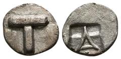 Greek Argolis. Argos circa 500 BC. Tetartemorion AR 5mm., 0,28g. Large T / Large A but cross bar of alpha sloping slightly to the left, pellet (?) below. nearly extremely fine BMC -; Lambros 1875, p. 