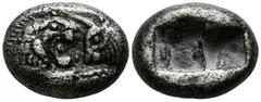 Greek Kings of Lydia. Sardeis. Time of Cyrus to Darios I 550-520 BC. Siglos or Half Stater AR 15mm., 4,92g. Confronted foreparts of lion right and bull left / Two incuse squares. very fine Berk 22; Tr